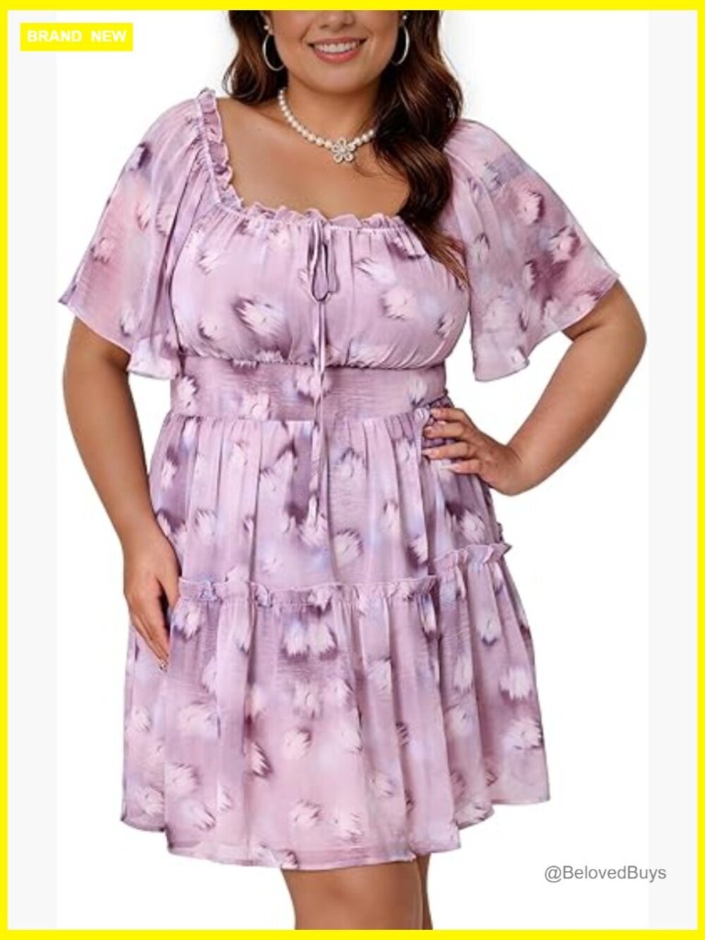 Plus Size Chiffon Mini Dress L-4XL Flutter Sleeve A-Line Summer